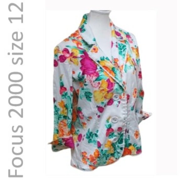 FOCUS 2000 white floral button down jacket 3/4 sleeves size 12 - Picture 1 of 10